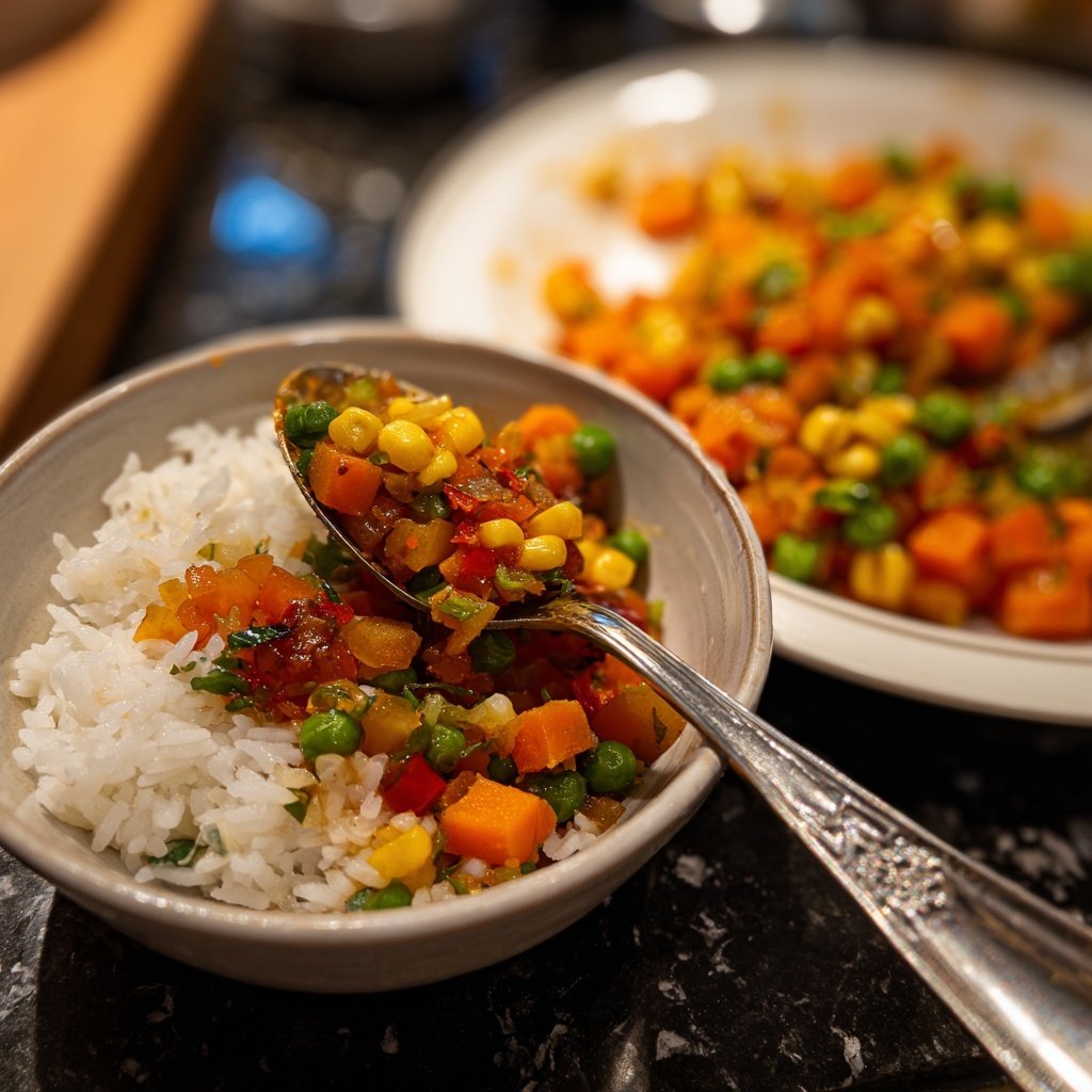 Abendessen mit Gemüsepfanne und Reis