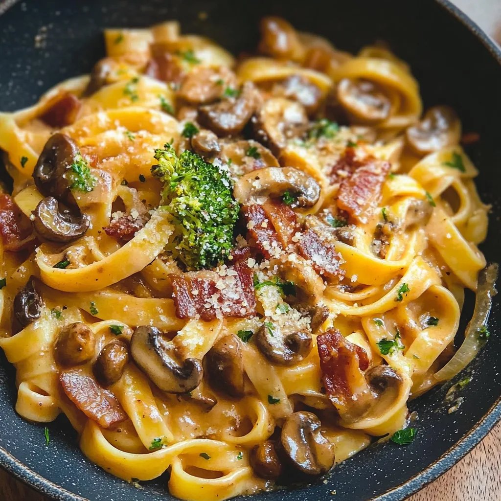 Pasta mit Brokkoli, Rinder-Bacon und Champignons
